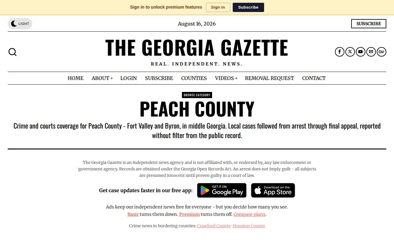 The Georgia Gazette Peach County crime-news and mugshot section, labeled independent and unofficial